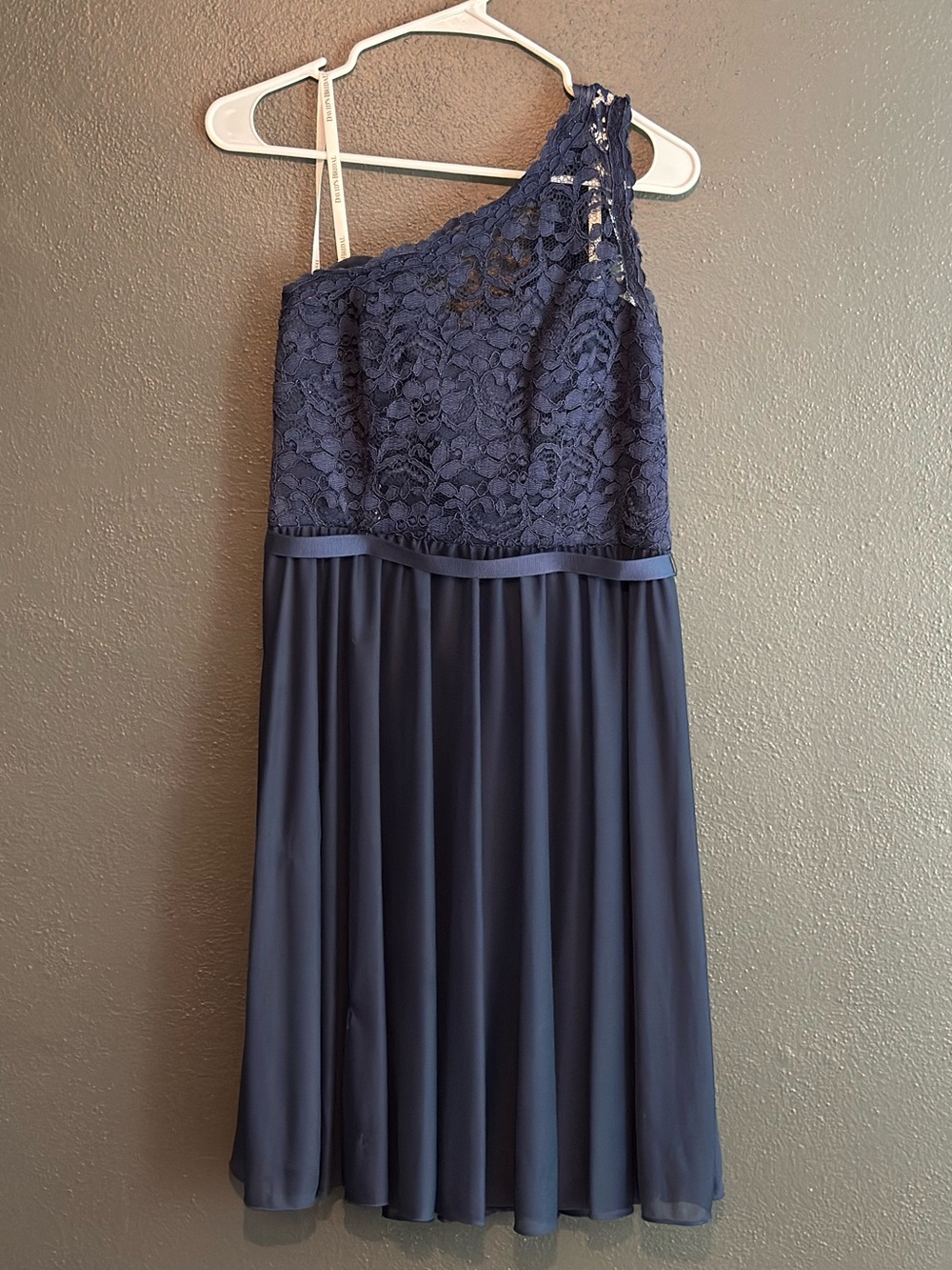 David’s Bridal Navy One-Shoulder Lace & Chiffon Dress